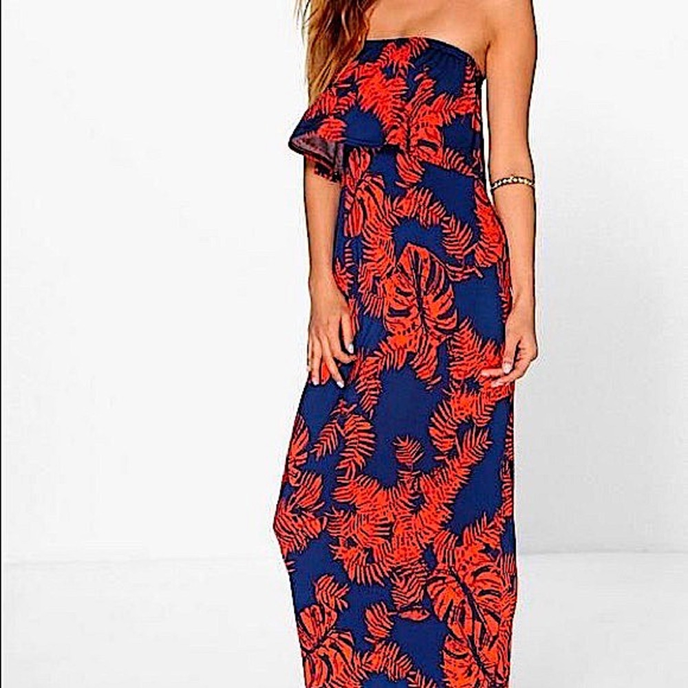 Boohoo Tropical Palm Print Strapless Maxi Dress Blue Orange Resort Size 10
